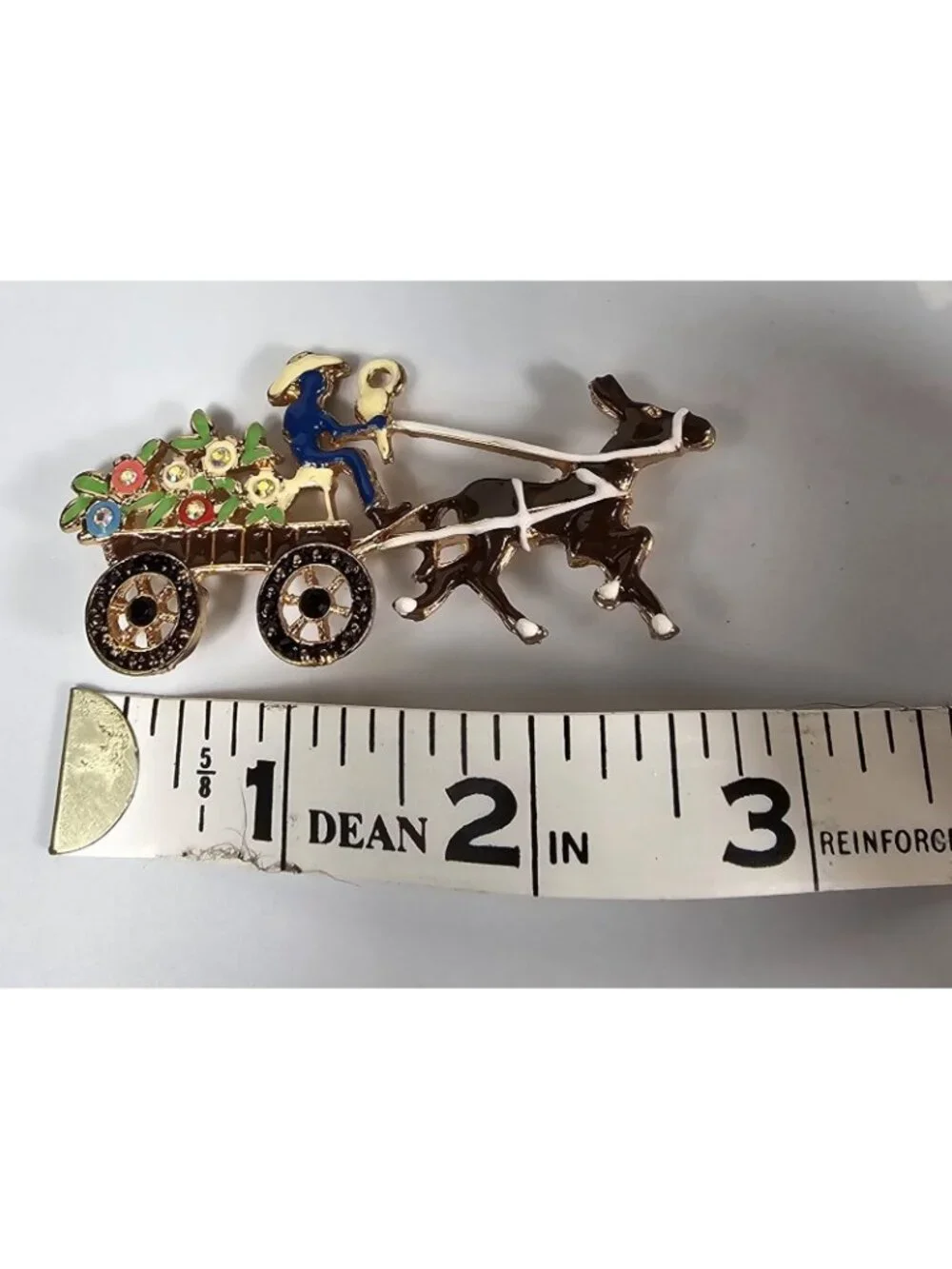 Enamel Donkey Cart Brooch Pin Cowboy with Flowers, Colorful VTG